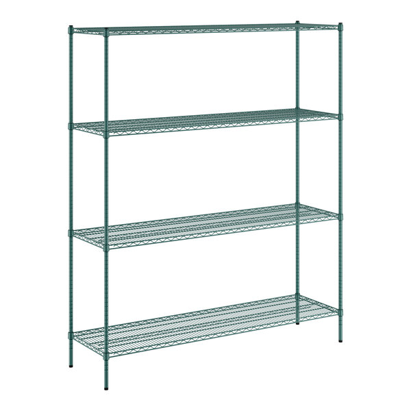 A Regency green wire shelving unit with four shelves.