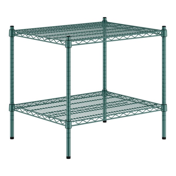 A green metal Regency wire shelf kit with two shelves.