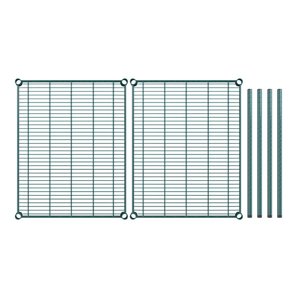 A close-up of a green metal grid with metal rods.