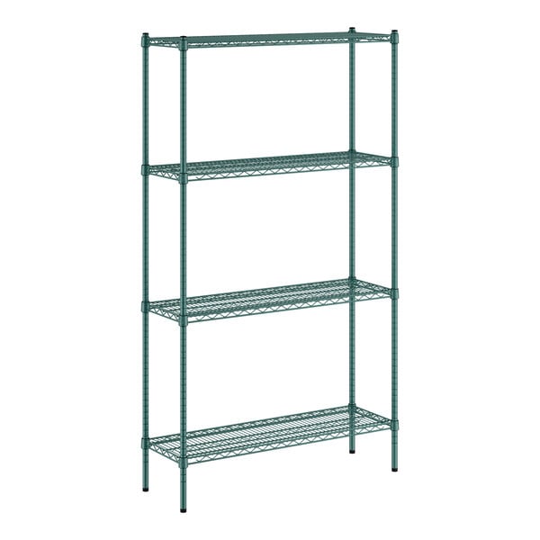 A green Regency wire shelving unit with four shelves.