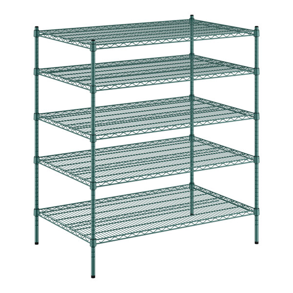 A Regency green wire shelving unit with four shelves.