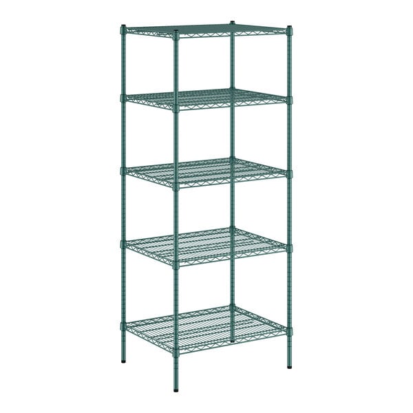 A green Regency wire shelving unit with four shelves.