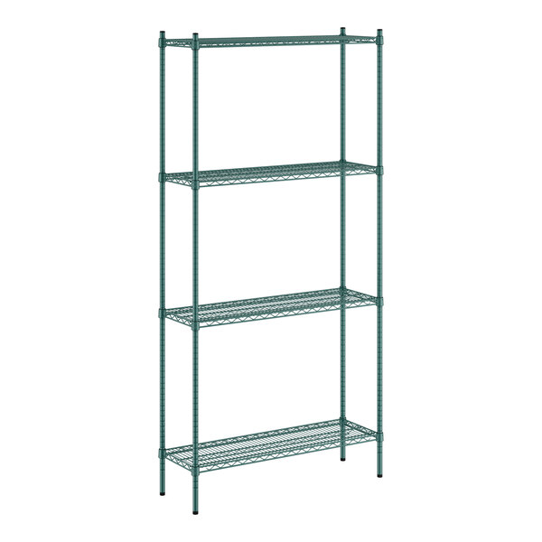 A green metal wire shelving unit with four shelves.