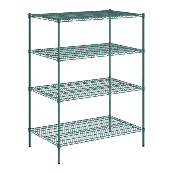 A Regency green wire shelving unit with four shelves.