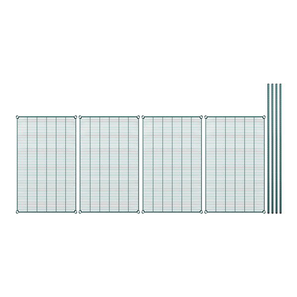 A Regency wire shelving kit with four shelves, wire mesh panels, and poles.