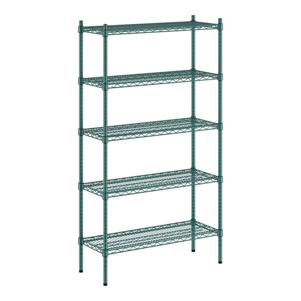 A green wire shelving unit with five shelves.