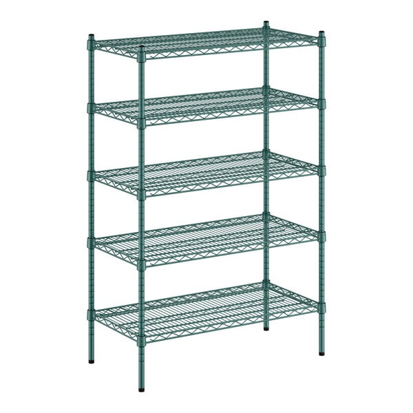 A green metal wire shelving unit with five shelves.