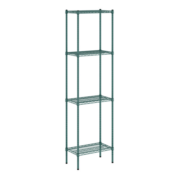 A green wire shelving unit with four shelves.