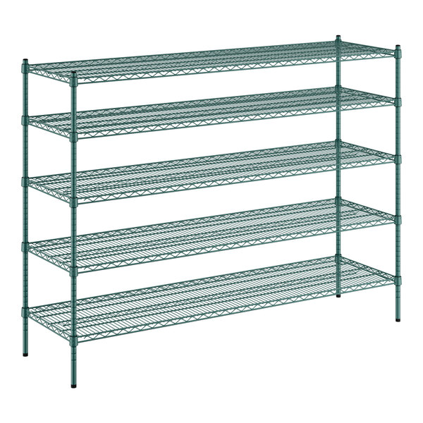 A green Regency wire shelving unit with five shelves.