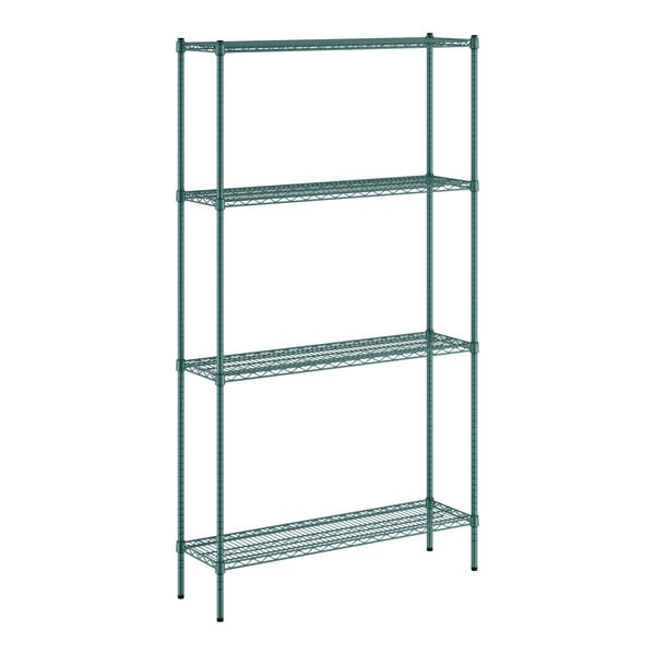 A green metal Regency wire shelving unit with four shelves.