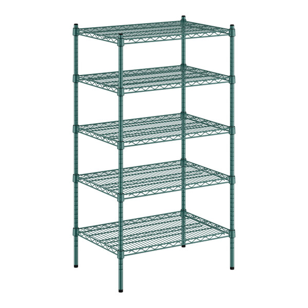 A green wire shelving unit with four shelves.