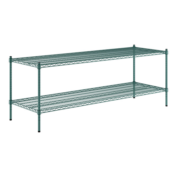 A green metal Regency wire shelving kit with two shelves.