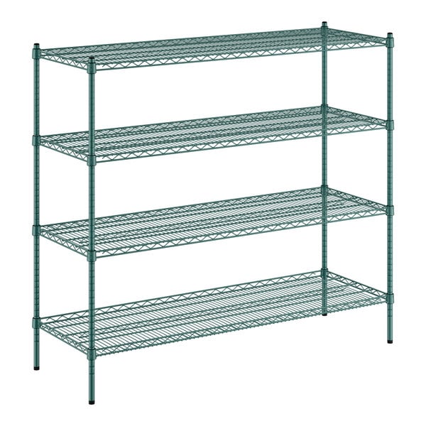 A green wire shelving unit with four shelves.