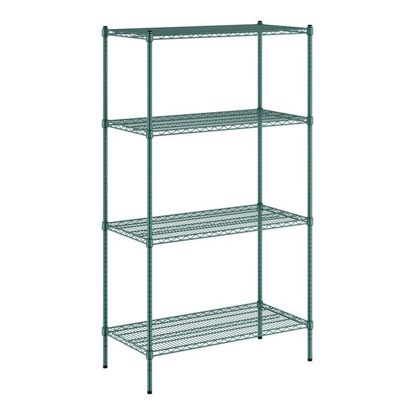 A green wire shelving unit with four shelves.