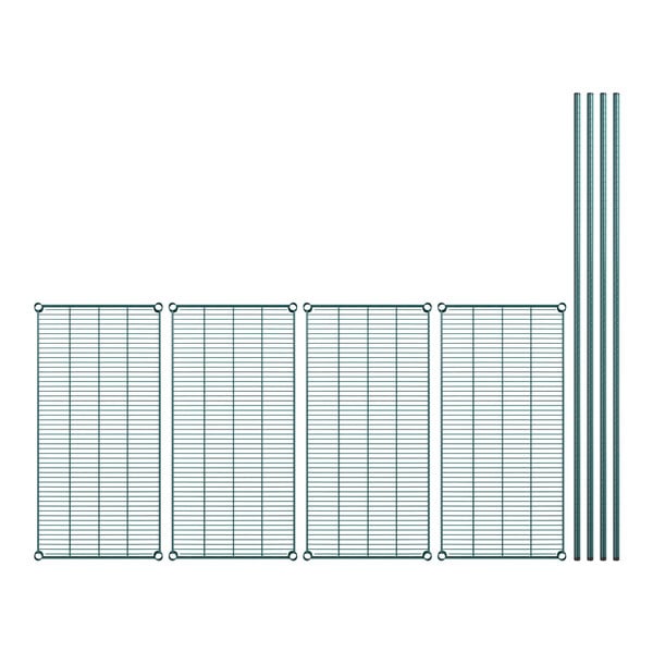A set of four green wire mesh shelves with metal bars.