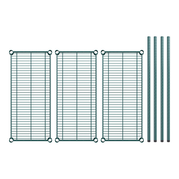 A close-up of a row of green metal bars for a Regency wire shelving kit.