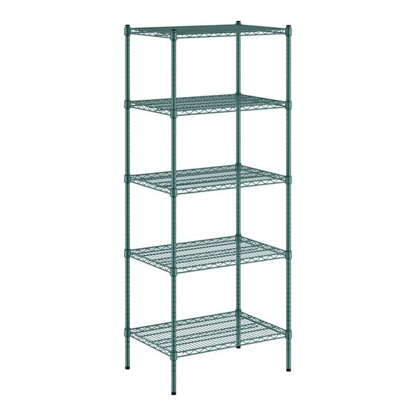 A green Regency wire shelving unit with four shelves.