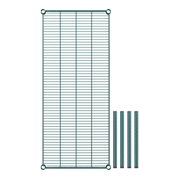 A Regency green wire shelf with metal poles and a grid.
