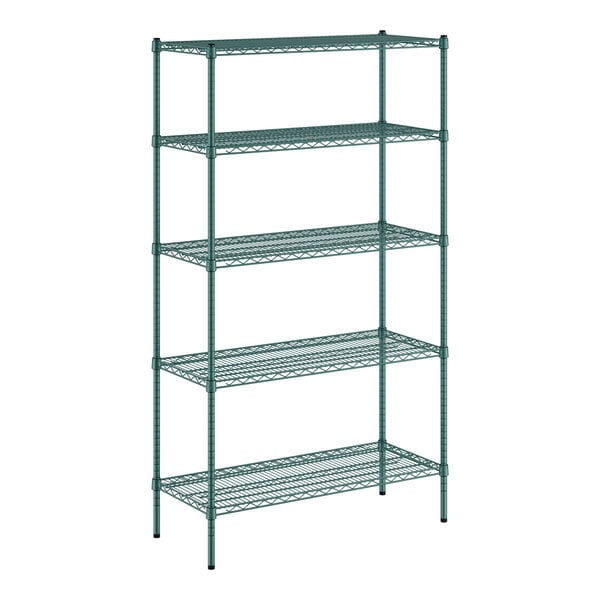 A green wire Regency shelving unit with four shelves.