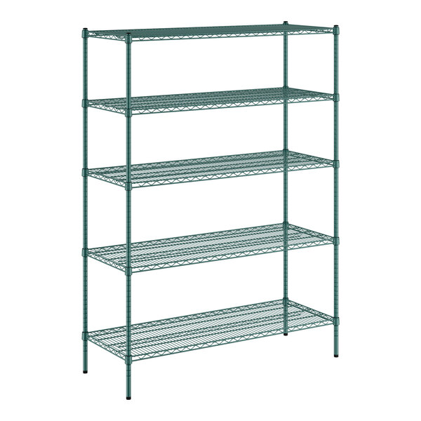 A green metal Regency wire shelving unit with four shelves.