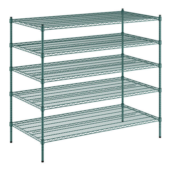 A green wire shelving unit with four shelves.