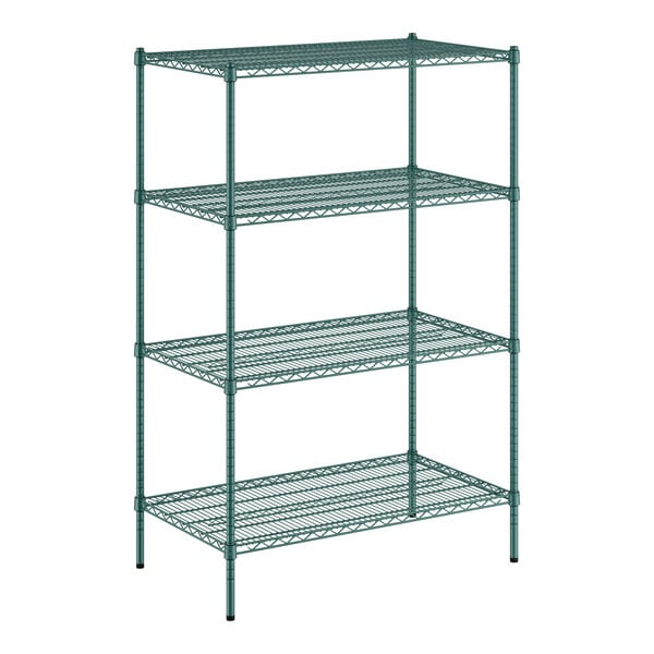 A green metal wire shelving unit with four shelves.