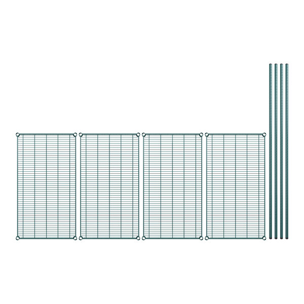 Regency wire shelving kit with four green epoxy wire shelves.