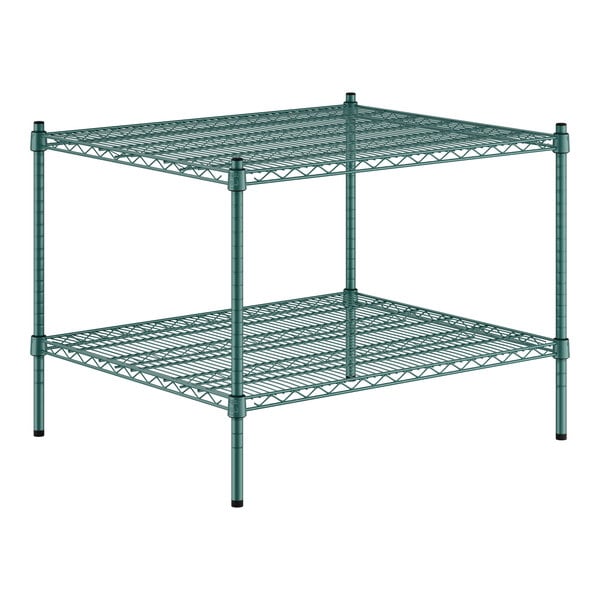 A green Regency wire shelving unit with two shelves.