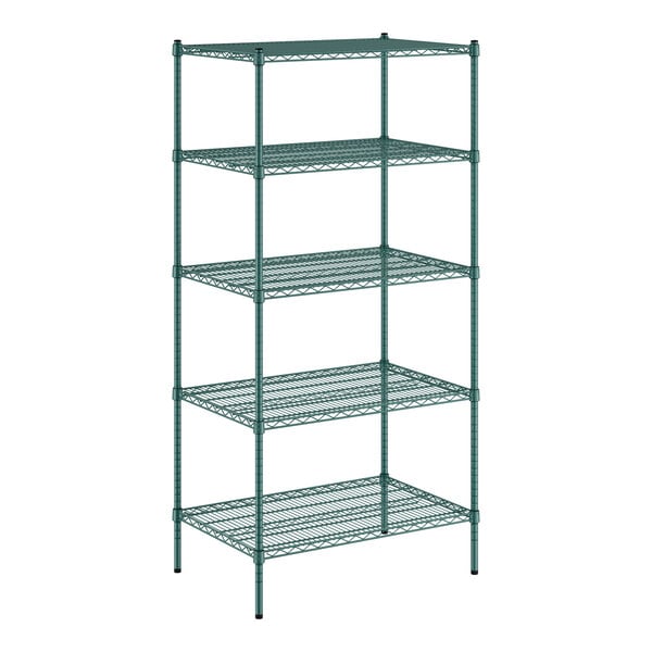 A Regency green wire shelving unit with four shelves.