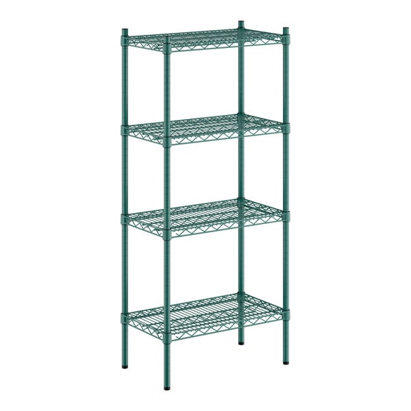 A green metal shelving unit with four wire shelves and four vertical posts.