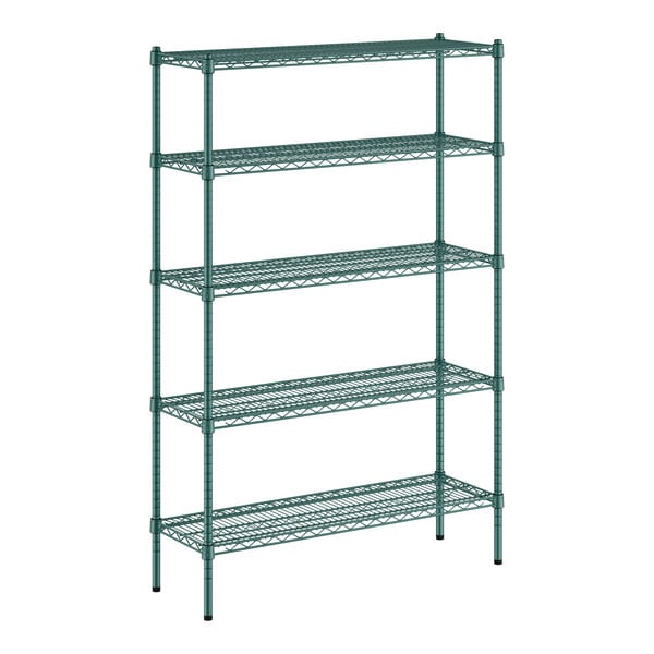 A green metal wire shelving unit with five shelves.