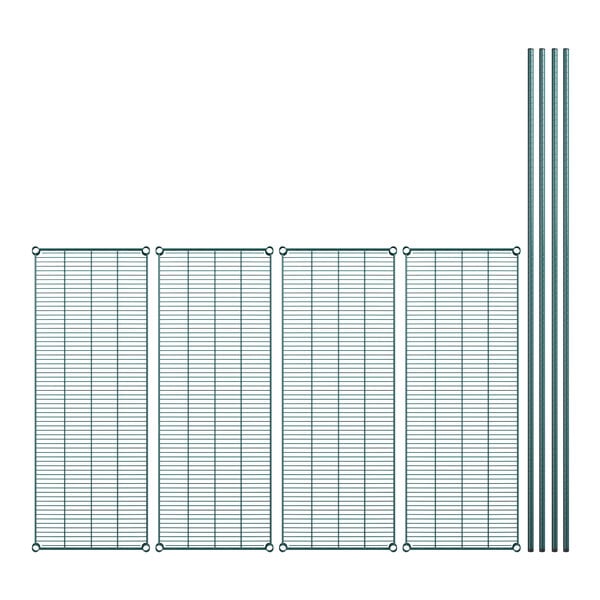 A Regency green epoxy wire shelving kit with metal grids and bars.