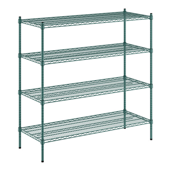 A green metal wire shelving unit with four shelves.