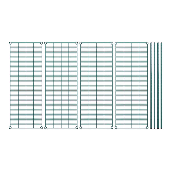 A row of green metal grids with several rods.