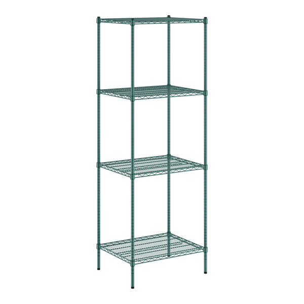 A green wire shelving unit with four shelves.