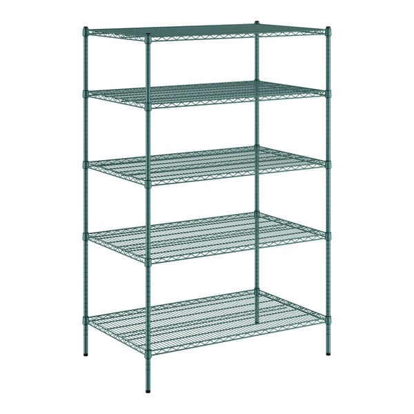 A Regency green wire shelving unit with four shelves.