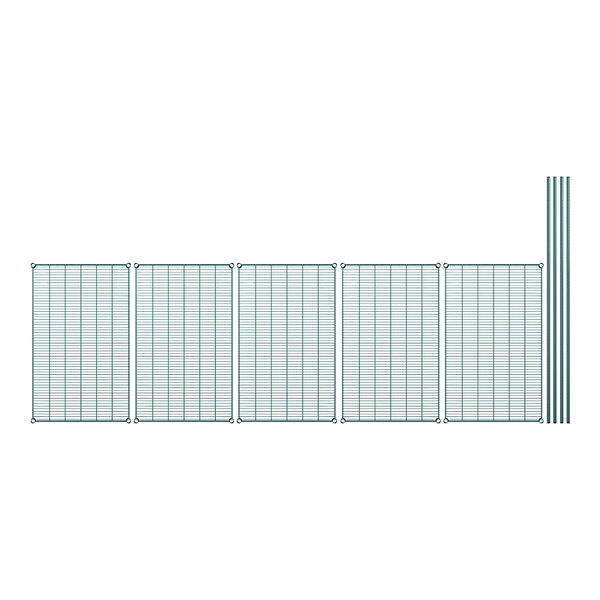 A green wire shelving unit with 5 shelves.