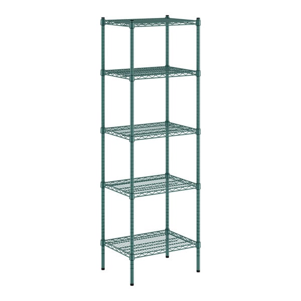 A green wire shelving unit with five shelves.