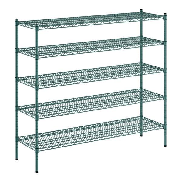 A green metal wire shelving unit with four shelves.