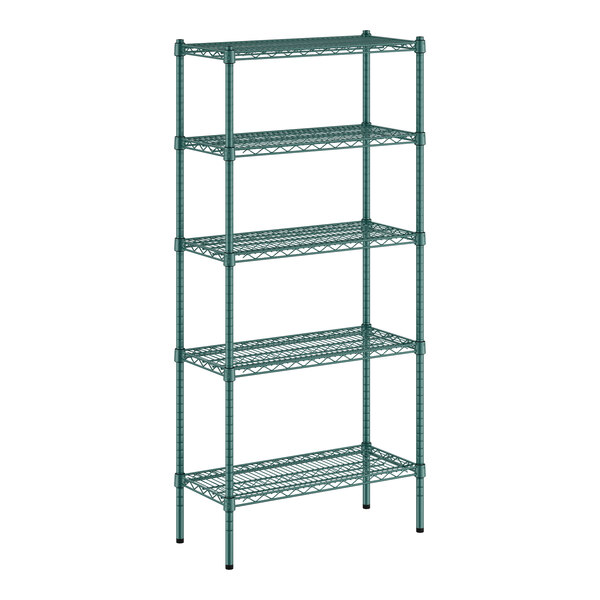 A green wire shelf kit with four shelves.