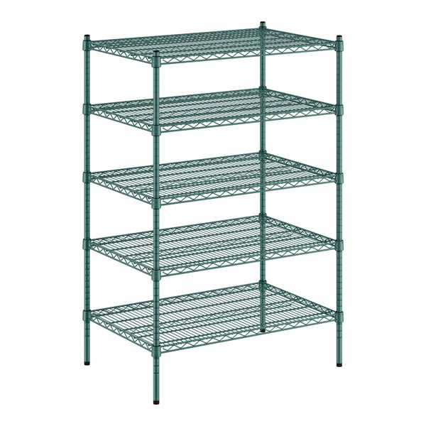 A green metal wire shelving unit with five shelves.