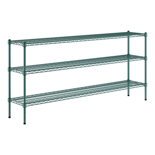 A green metal wire shelving unit with three shelves.