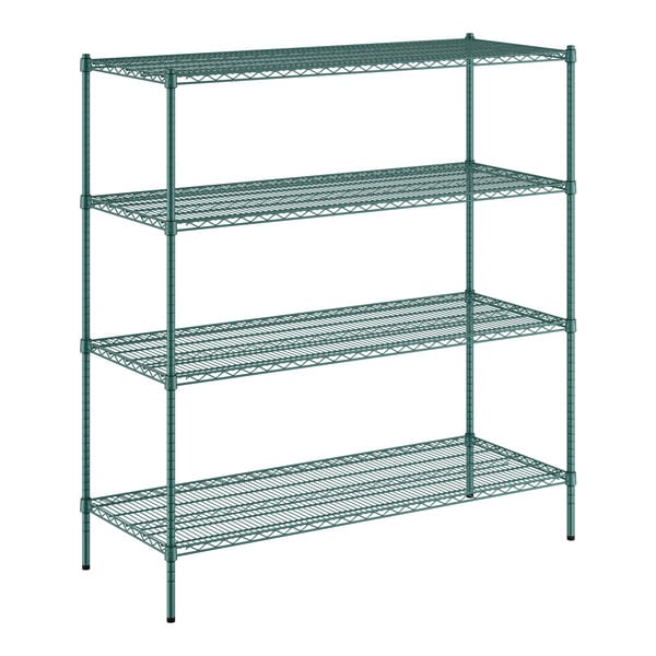 A Regency green wire shelving unit with four shelves.