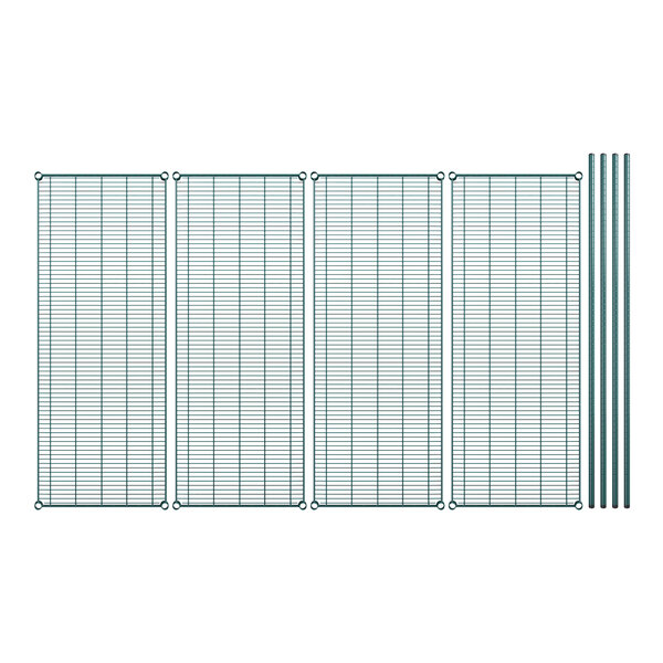 A row of green metal wire shelves with a grid.