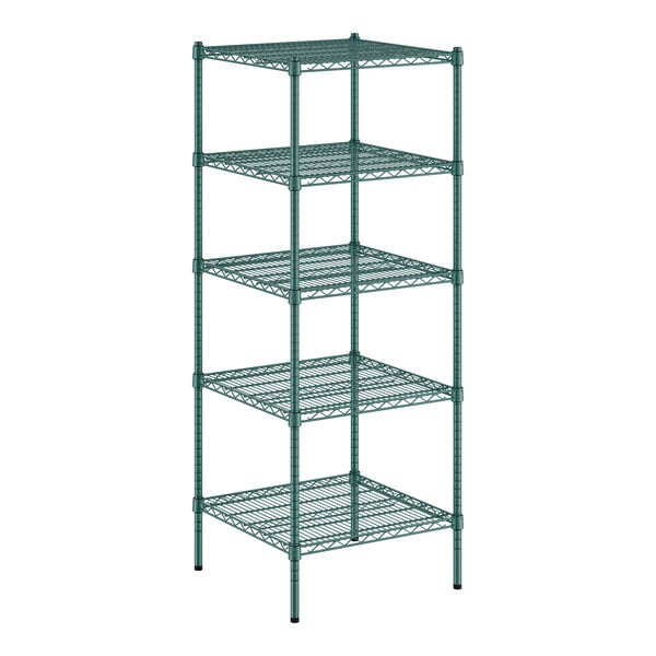 A Regency green wire shelving unit with four shelves.