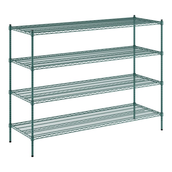 A green wire shelving unit with four shelves.