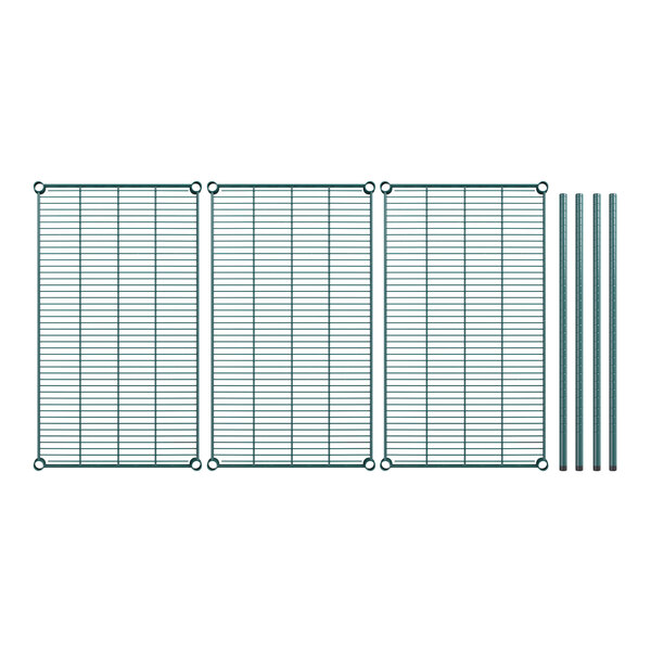A Regency green wire shelving kit with metal poles and shelves.