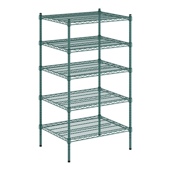 A green Regency wire shelving unit with five shelves.