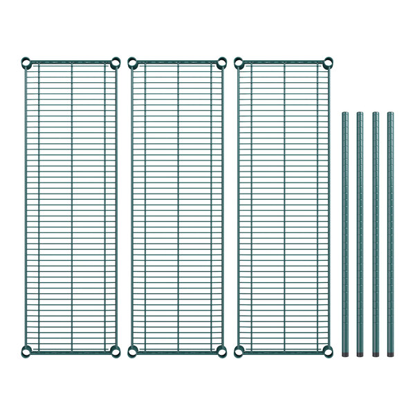 A group of wire mesh panels and metal shelves with poles.