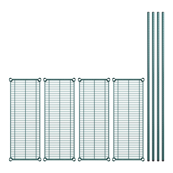 A set of four green metal shelves with metal rods.